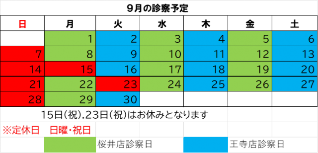 ９月の診療予定